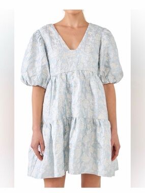 Endless Rose Light Blue Puff-Sleeve Tiered V-Neck Dress